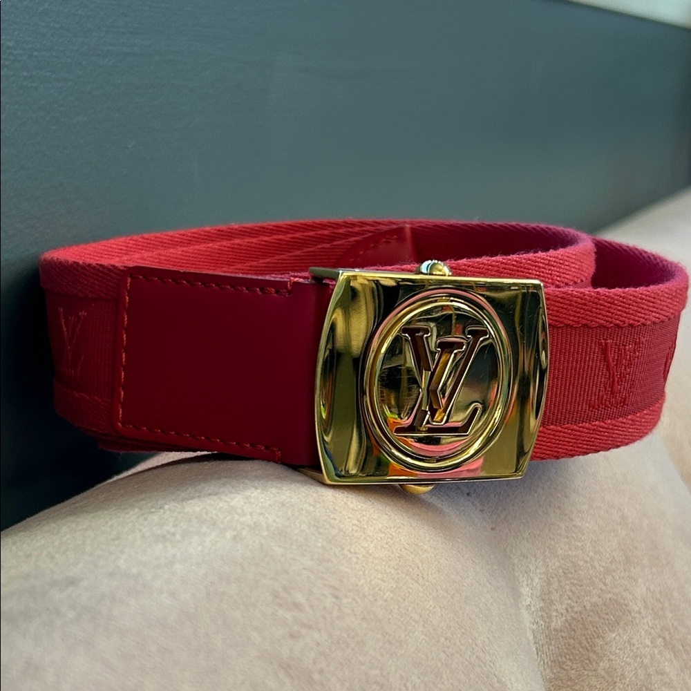 Louis Vuitton Red Monogram Canvas & Leather LV Gold Buckle Belt